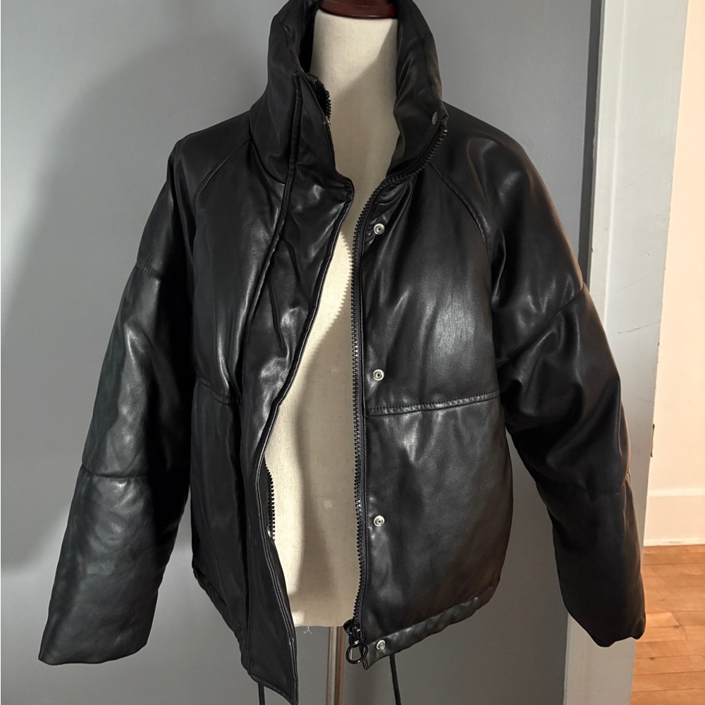Topshop Leather Black Puffer Coat